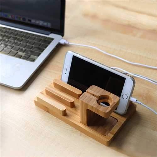 Multifunctional Bamboo USB Charging Dock Phone Tablet Holder Mount for Apple Watch